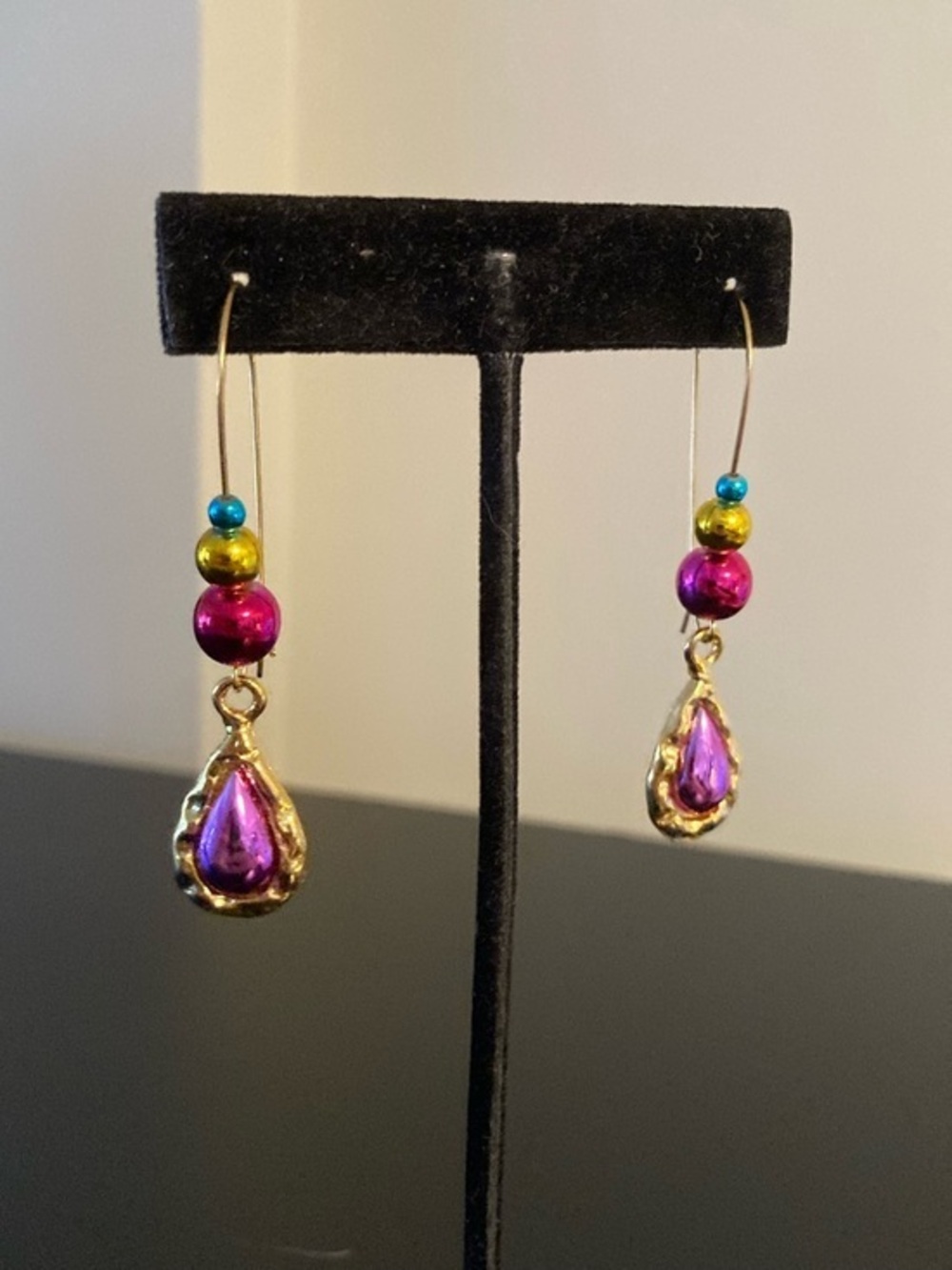 Gold Teardrop Purple Bead Dangle Earrings - Women Jewelry